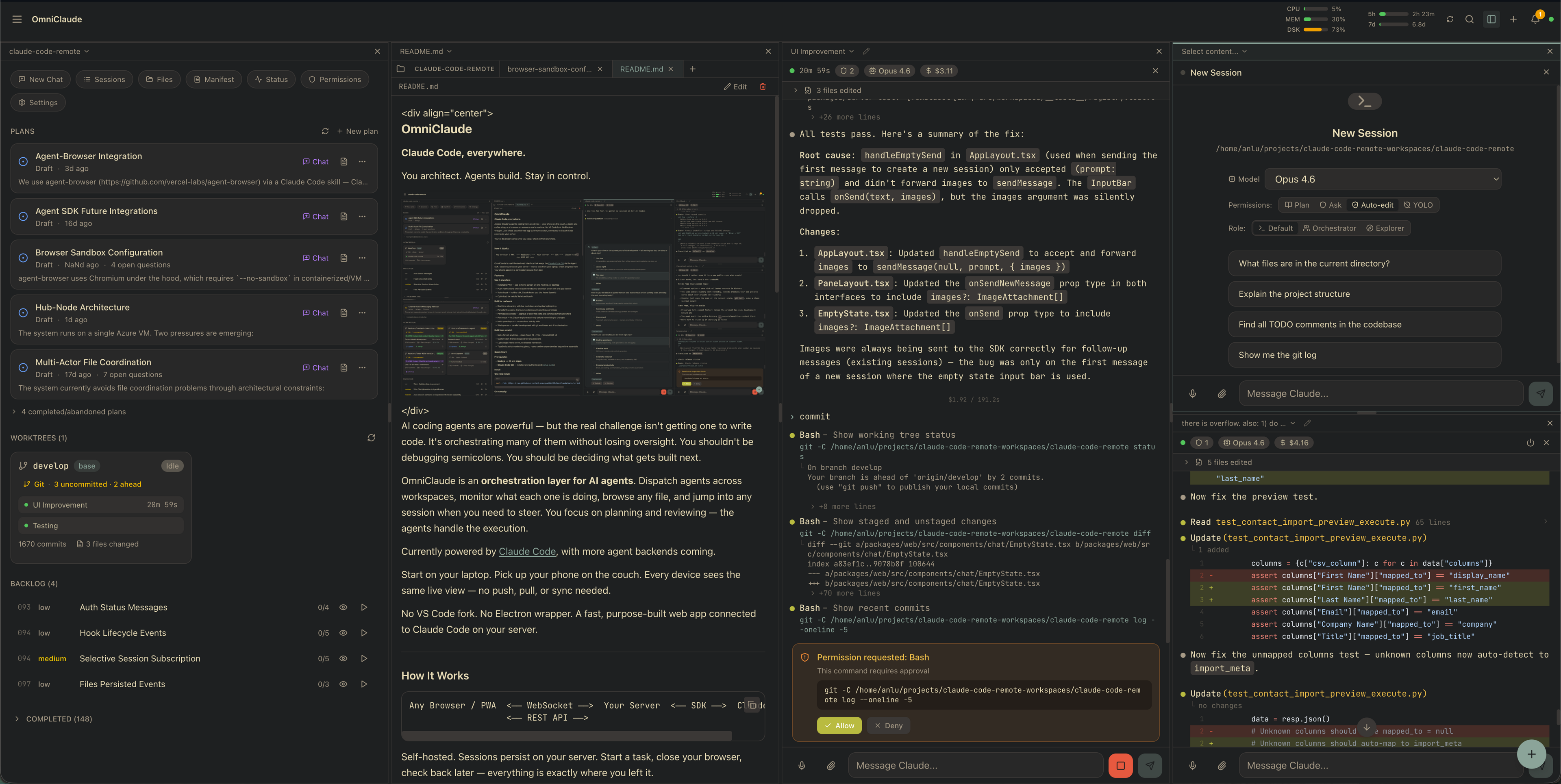 Multi-pane view showing plans, website, sessions, and terminal